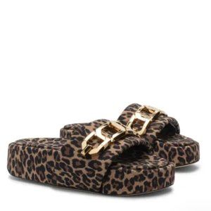 GOOD AMERICAN Chain Platform Cheetah Leopard  Print Slide Platform Sandals